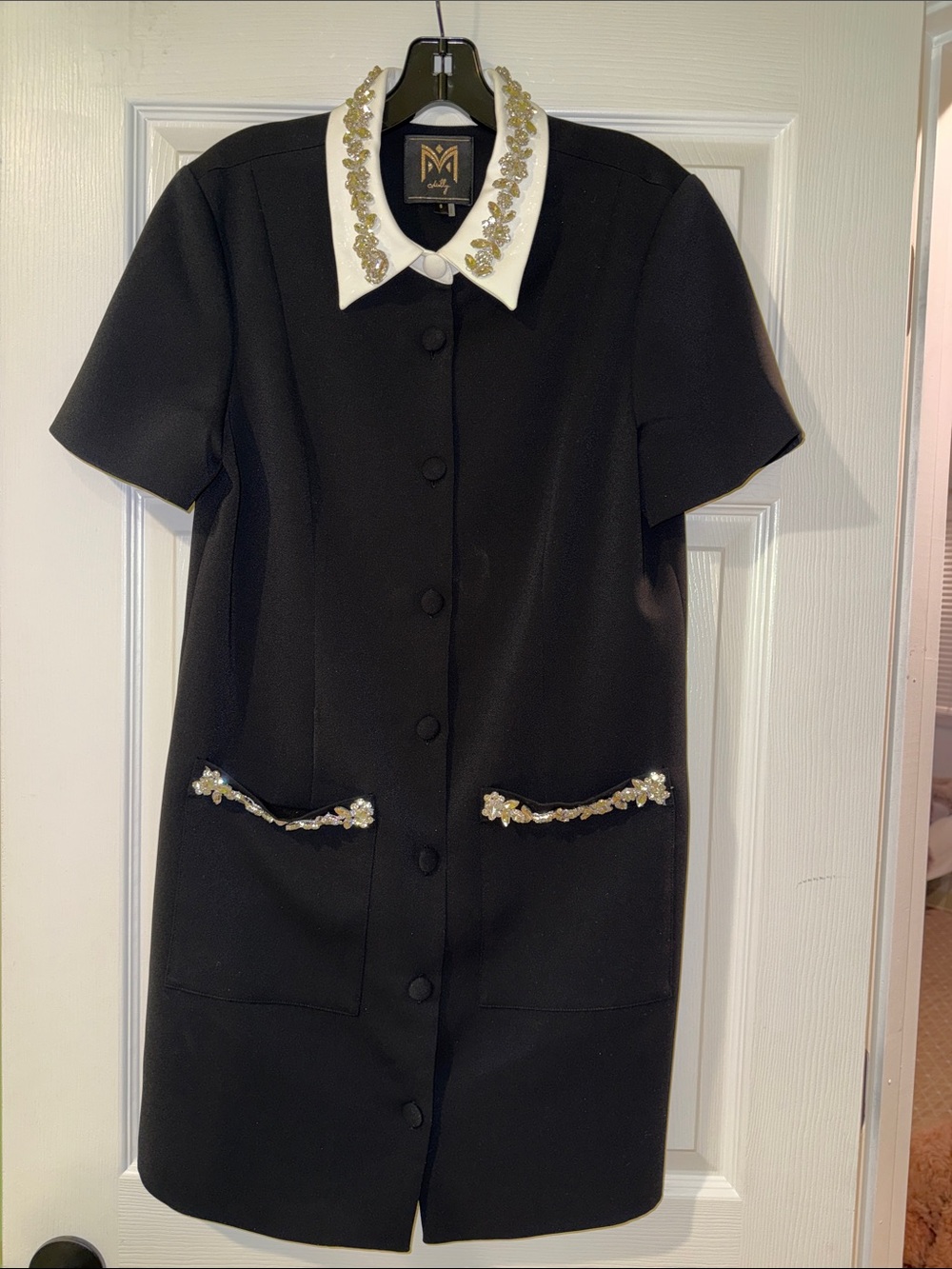 Milly of New York Black Short-Sleeve Embellished-Collar Coat Dress